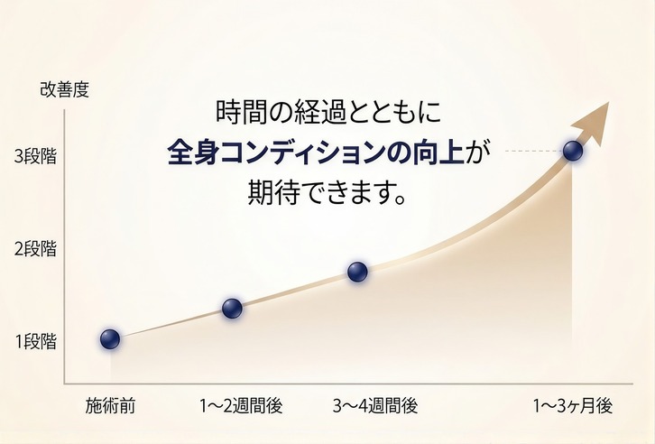 施術後1～3か月かけて全身のコンディション改善が期待できることを示す推移グラフ