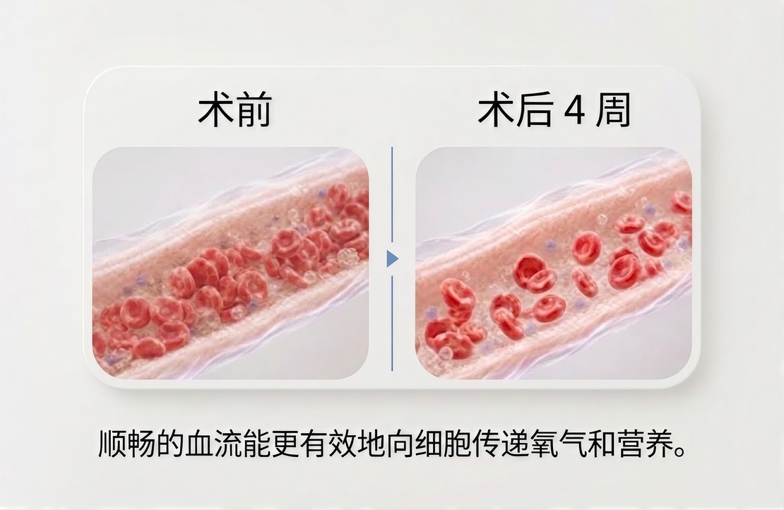 施术前与治疗 4 周后的血流对比 — 顺畅的血流将氧气与养分送达细胞