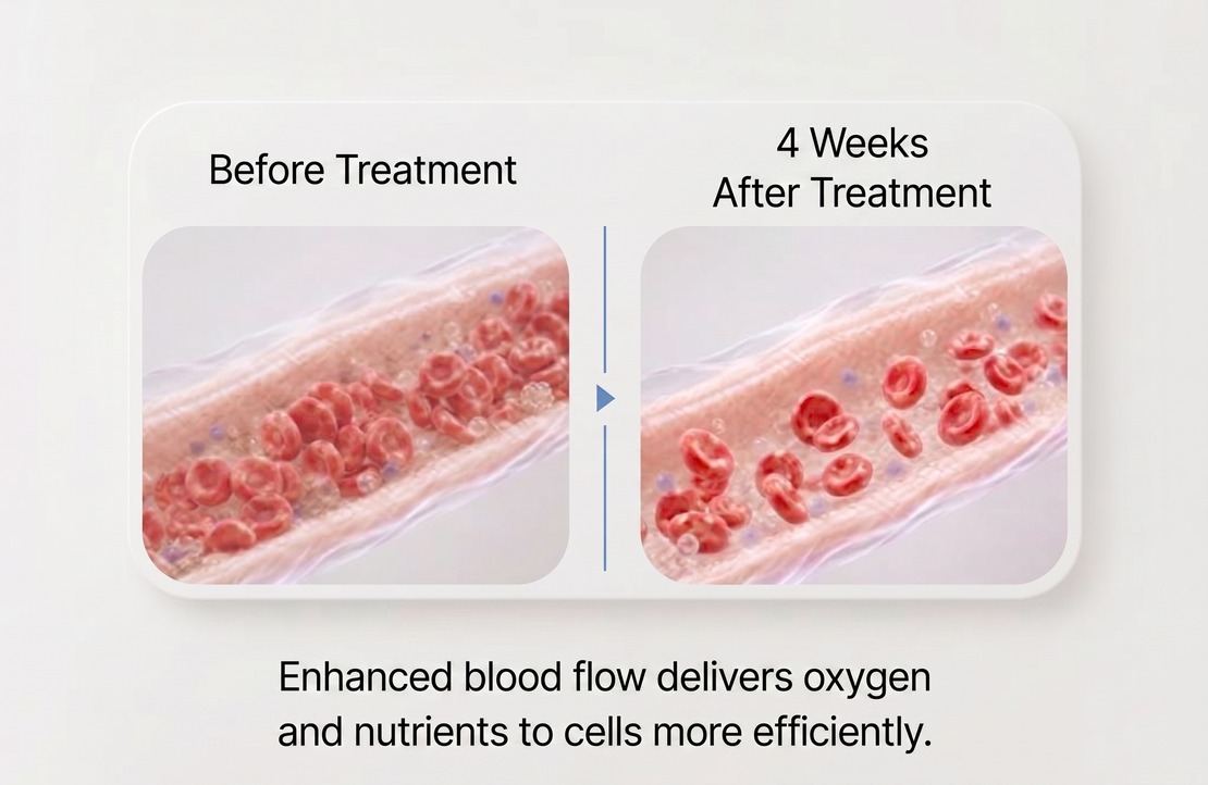 Blood flow before treatment and four weeks after — smoother circulation carrying oxygen and nutrients to the cells