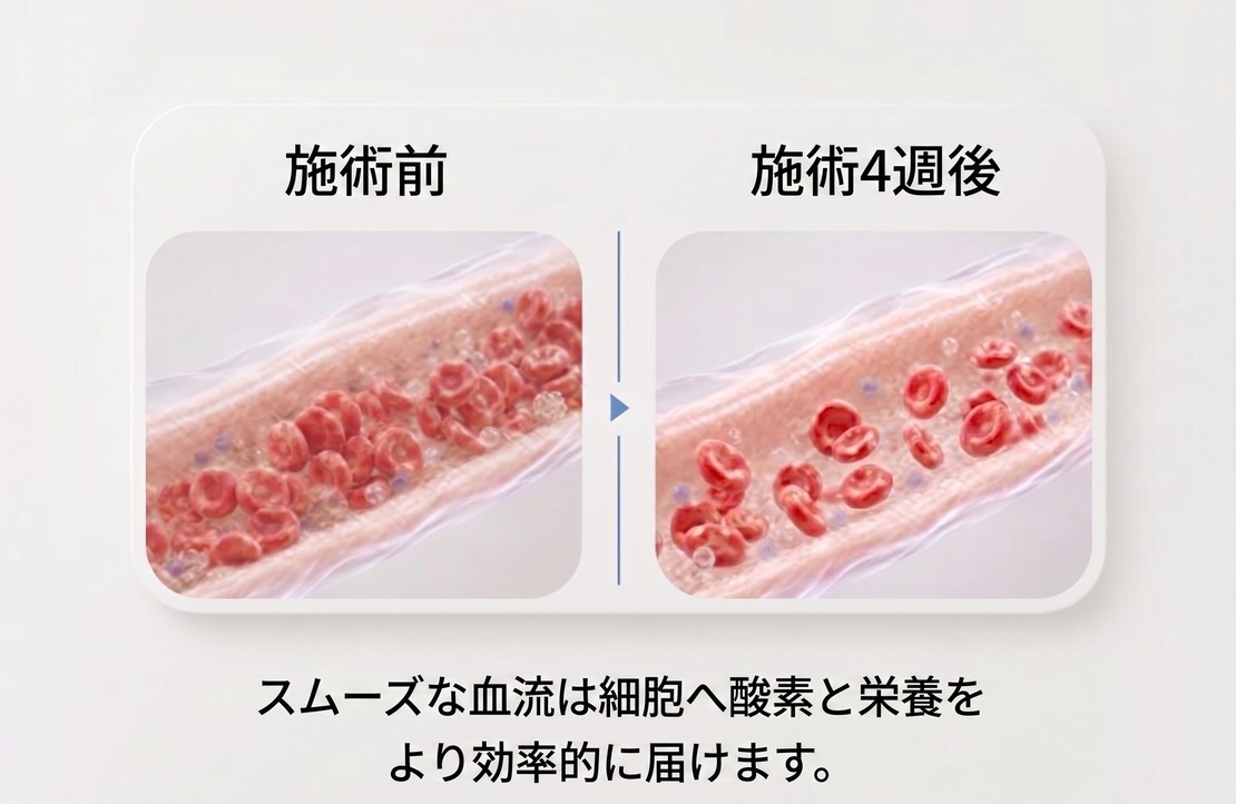 施術前と施術4週後の血流比較 — スムーズになった血流が細胞へ酸素と栄養を届ける