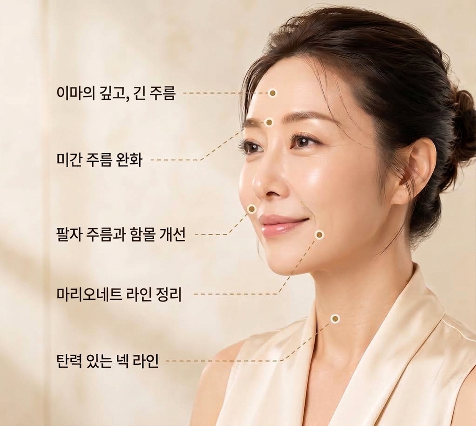 주름 부위별 안내 — 이마 탄력, 미간 주름 완화, 팔자 볼륨 개선, 심술보 라인 정리, 탄력 있는 넥 라인