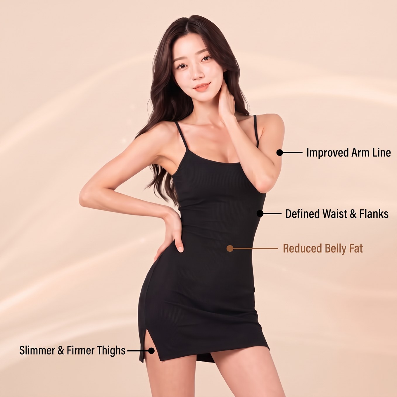 Treatment areas — abdominal fat reduction, waistline definition, upper arm contour, slimmer and firmer thighs